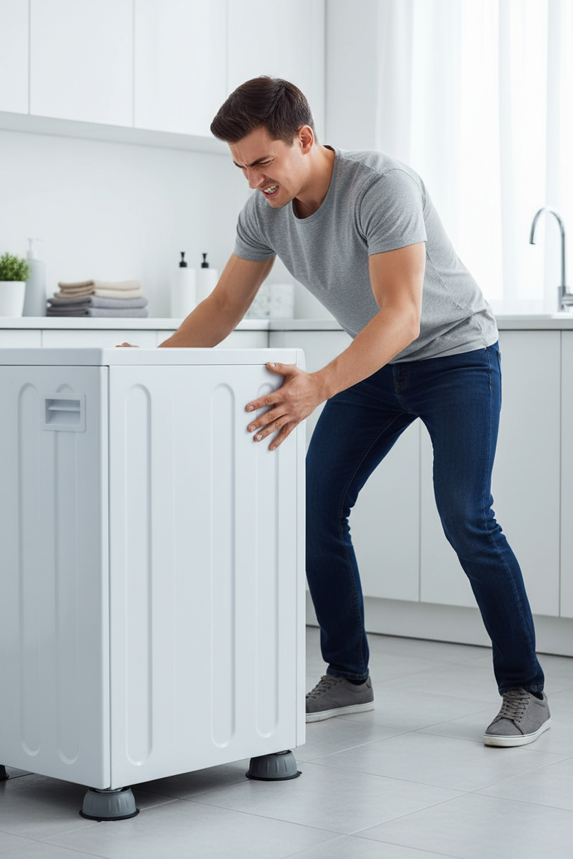 Man trying to move washing machine with anti-slip pads