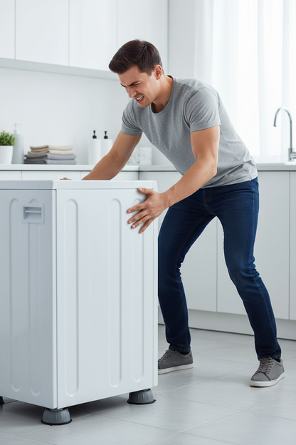 Man trying to move washing machine with anti-slip pads