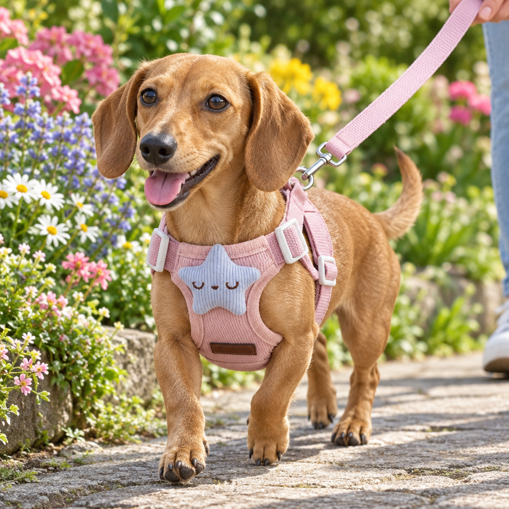 Miniature dachshund wearing the pink star harness in a flower garden
