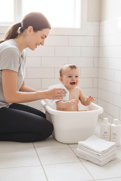 Mother bathing baby with white muslin washcloth