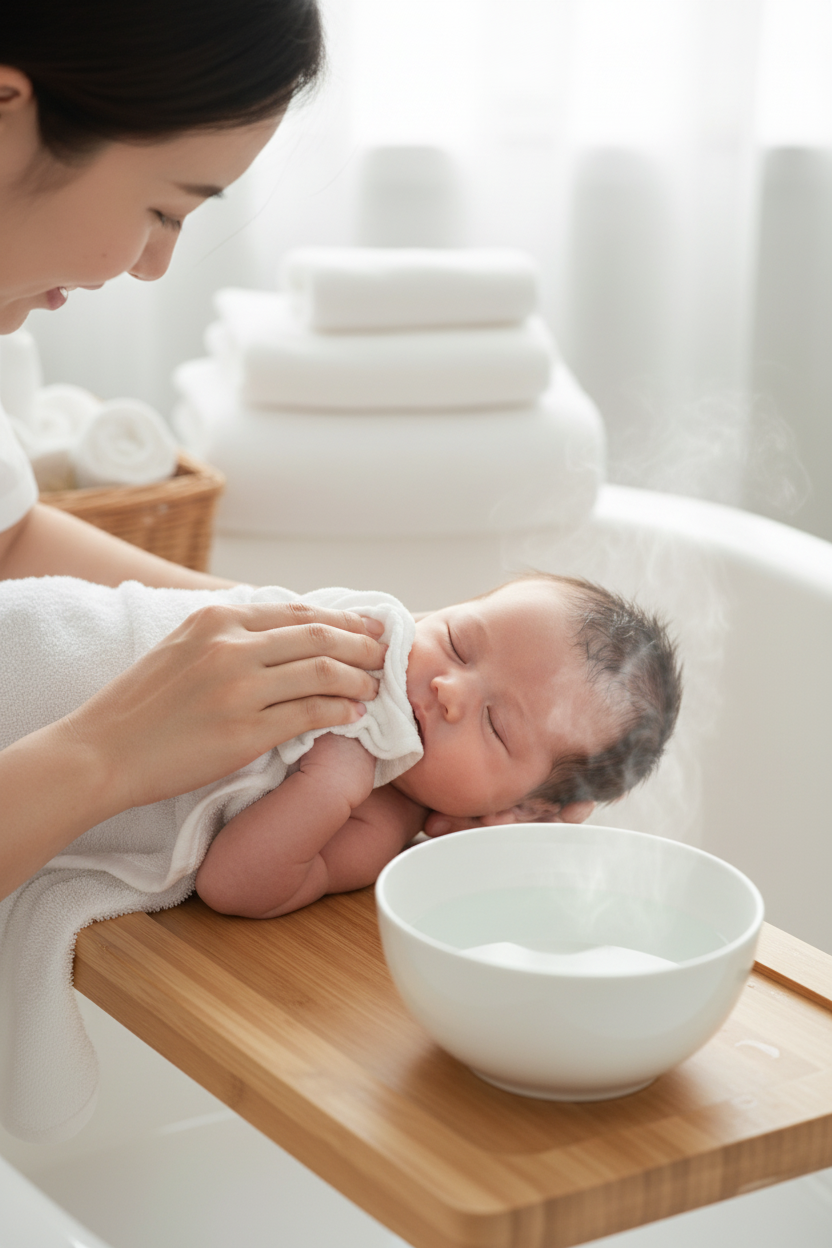 Mother wiping newborn with white muslin washcloth