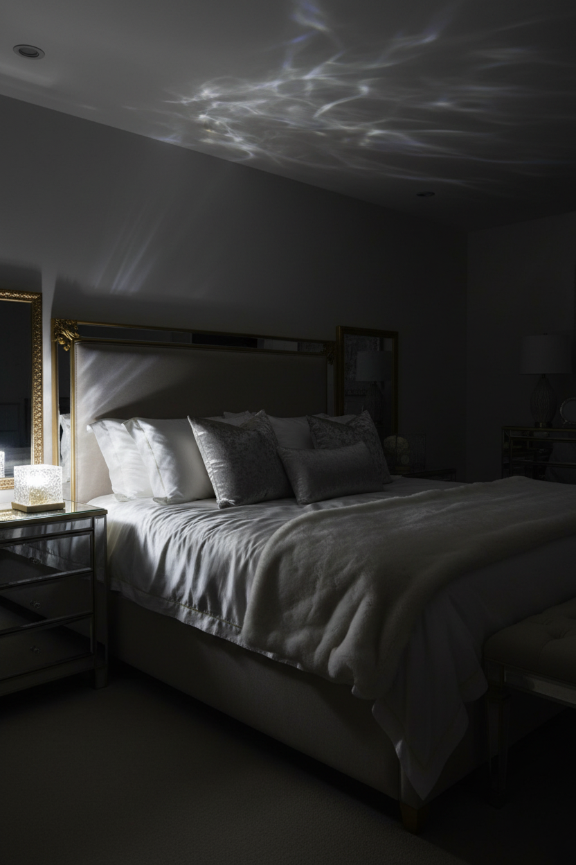 Ocean wave projector as sole light source in luxury bedroom