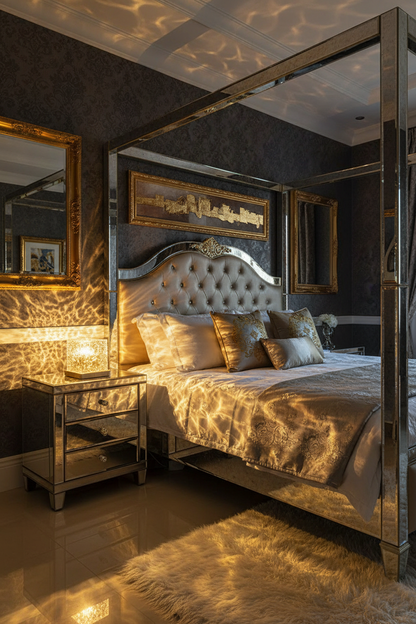 Ocean wave projector gold glow radiating in luxury bedroom