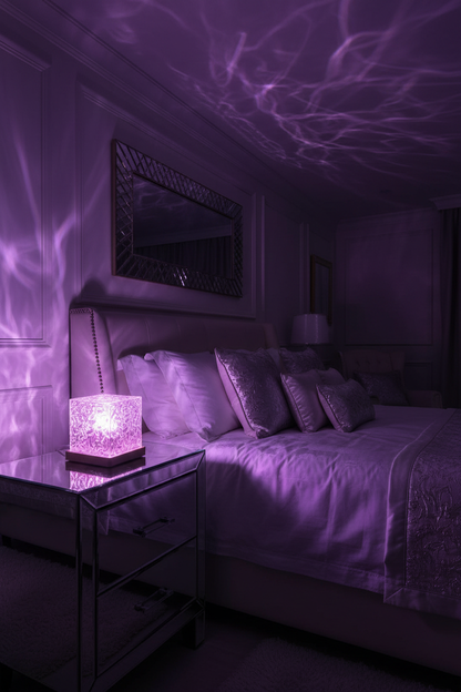 Ocean wave projector lilac glow radiating in luxury bedroom