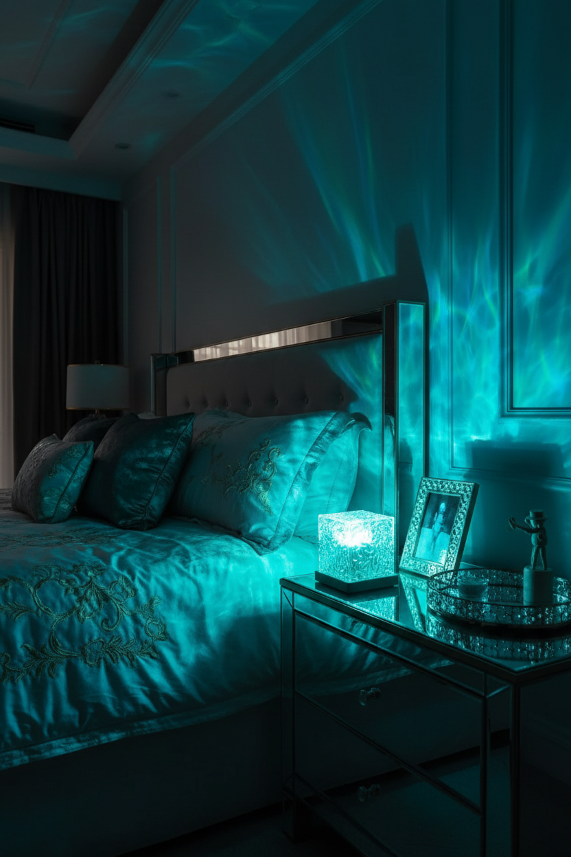 Ocean wave projector turquoise glow luxury bedroom - variation 2