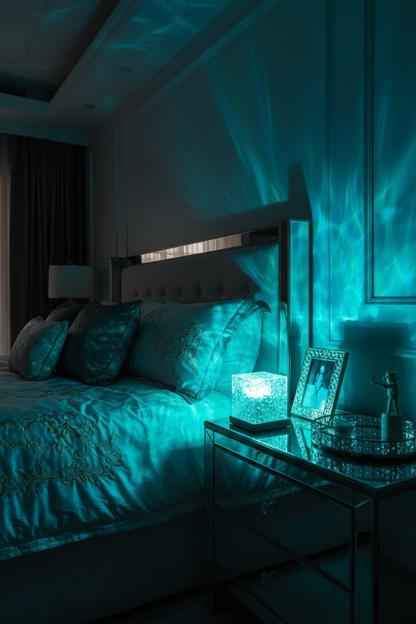 Ocean wave projector turquoise glow luxury bedroom - variation 2
