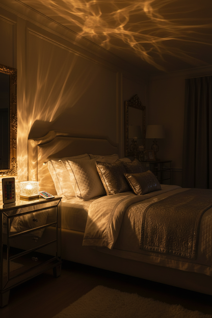 Ocean wave projector yellow orange glow in luxury bedroom