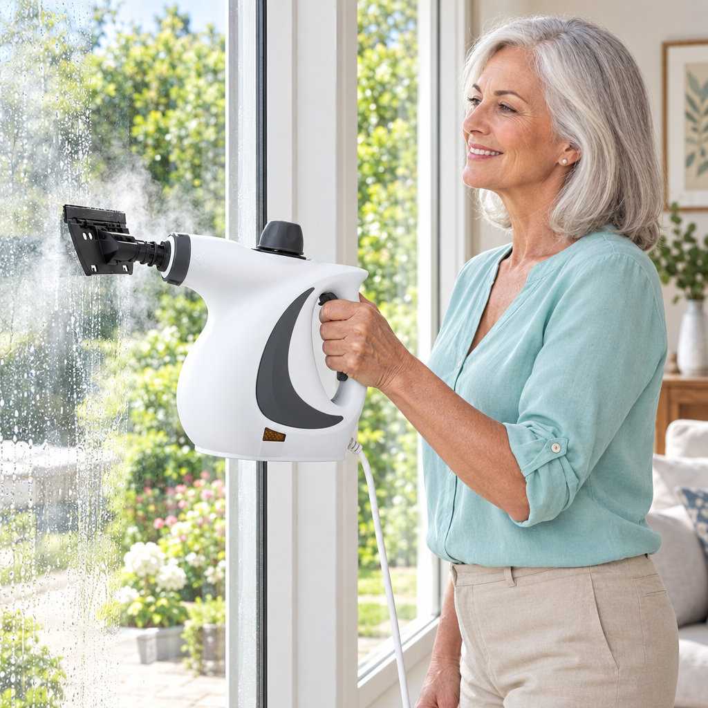 Older woman cleaning a glass window with the white steam cleaner
