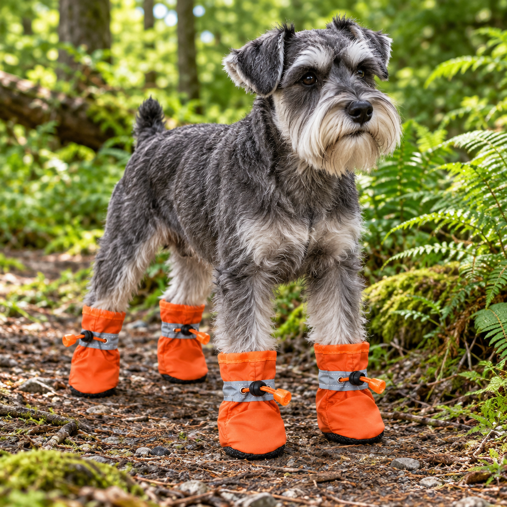 Orange boots on a schnauzer on a woodland trail