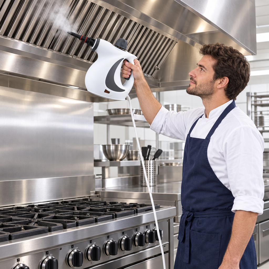 Person using the white steam cleaner on an extractor grille above a commercial kitchen range