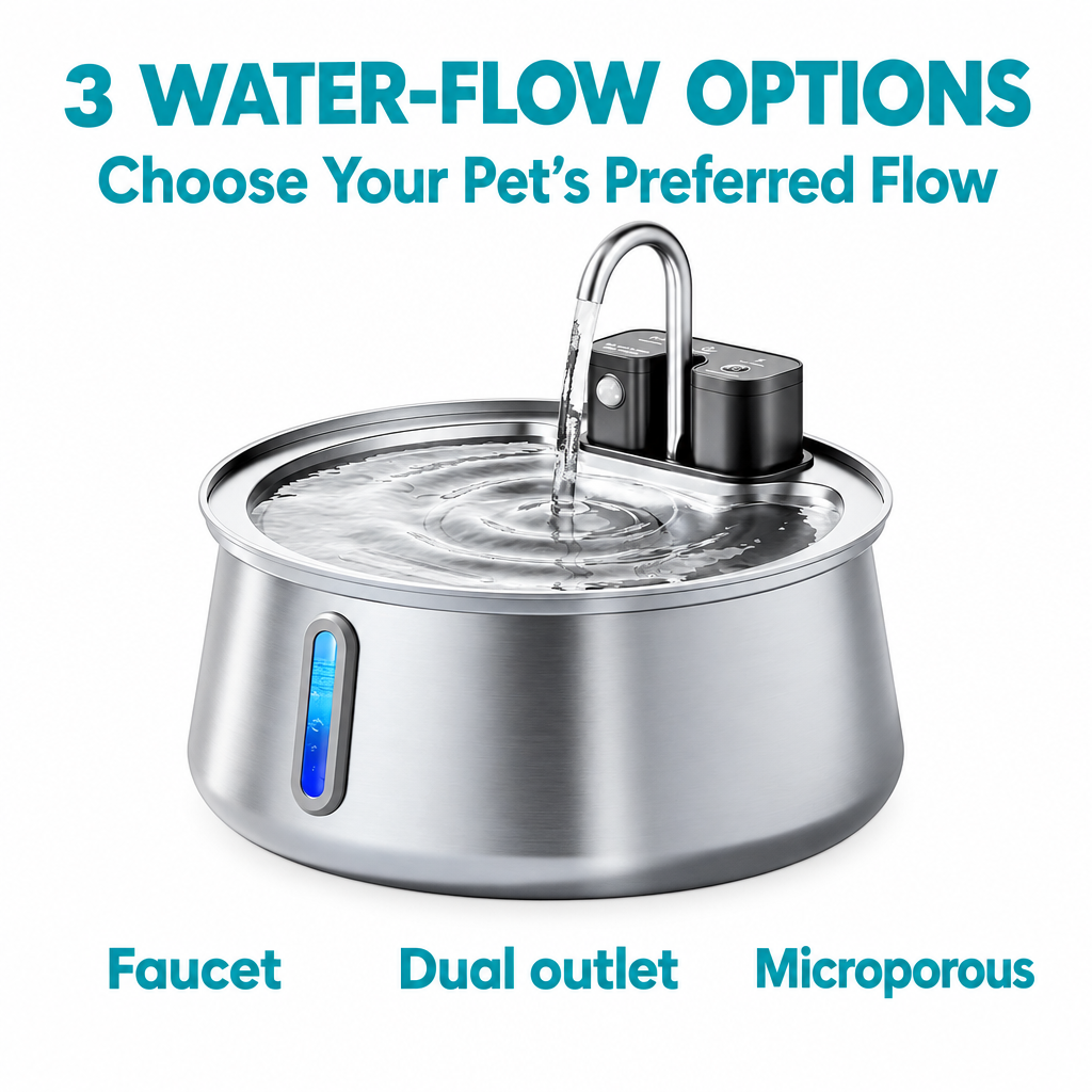 Pet fountain with 3 WATER-FLOW OPTIONS headline and three flow labels