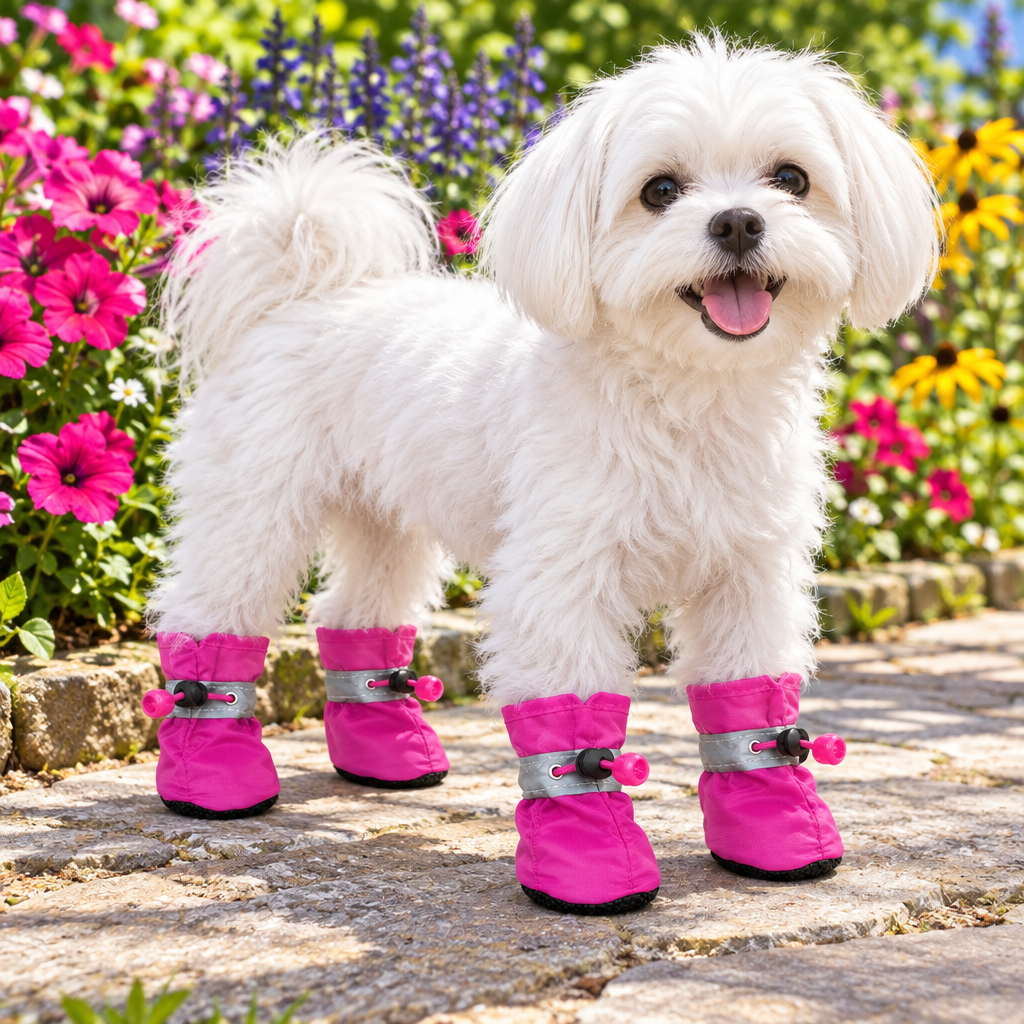 Pink boots on a Maltese in a flower garden