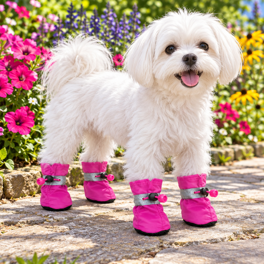 Pink boots on a Maltese in a flower garden