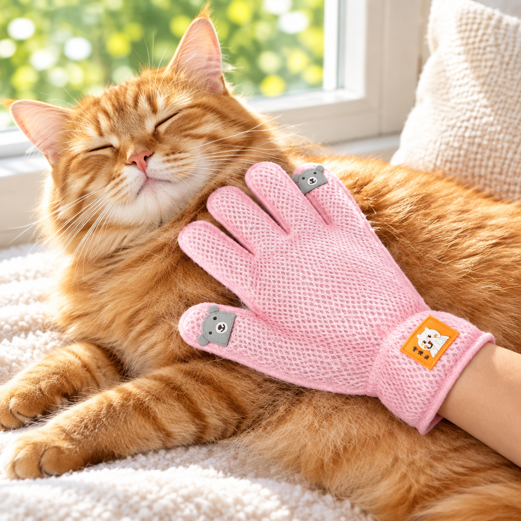 Pink grooming glove with orange tabby