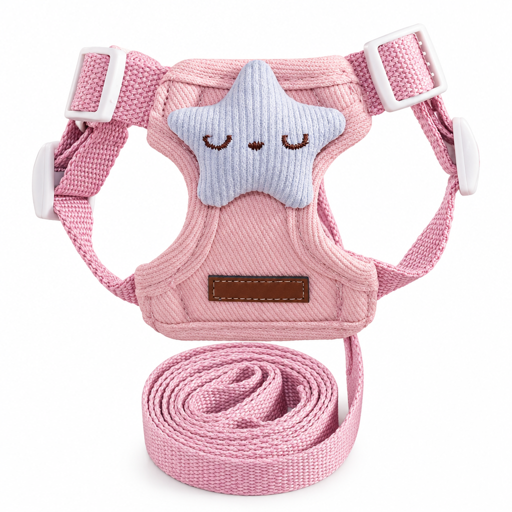 Pink star dog harness and matching leash on a white background