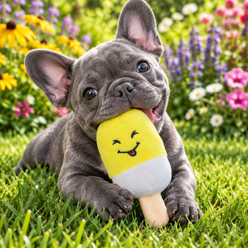 Popsicle toy with a French bulldog in a garden