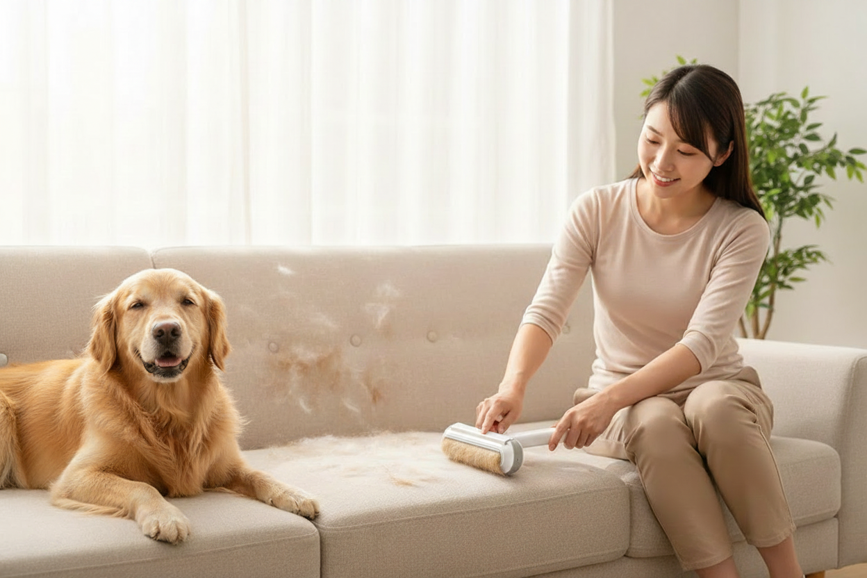 Portable Pet Hair Remover Roller in use