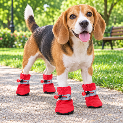 Red boots on a beagle in a park