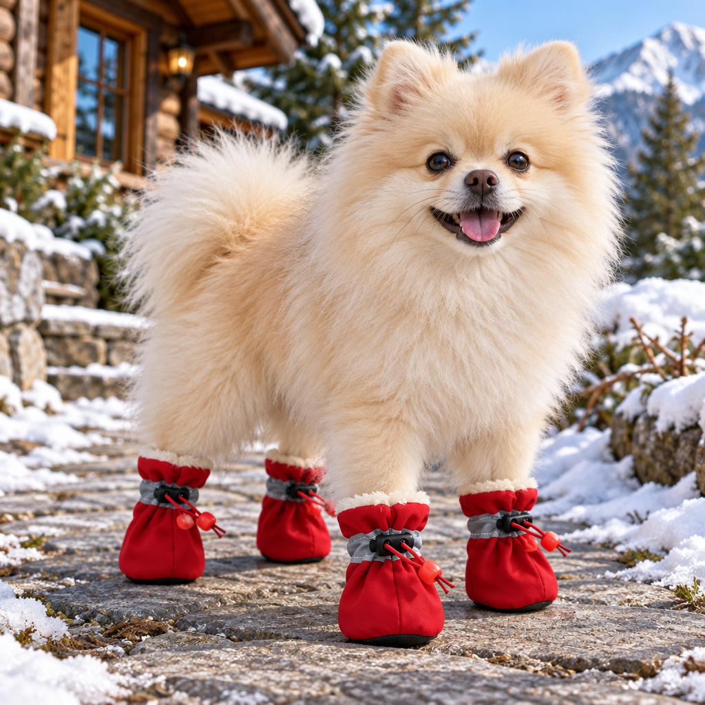 Red plush-lined boots on a Pomeranian outside a mountain cabin