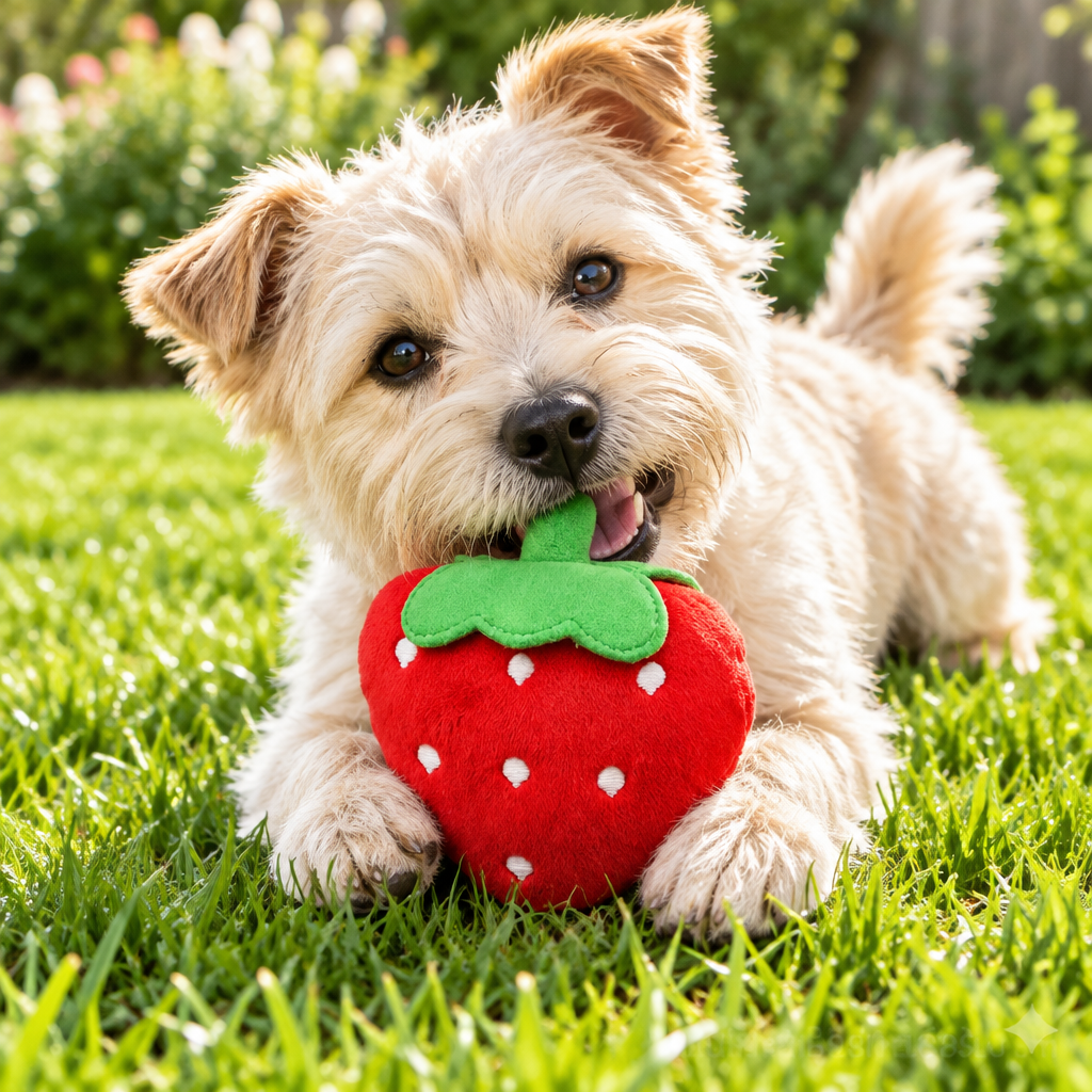 Red strawberry toy with a terrier in a backyard