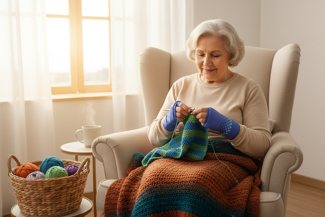 ReviveGel Fingerless Compression Gloves - Elderly Lady Crocheting