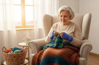 ReviveGel Fingerless Compression Gloves - Elderly Lady Crocheting