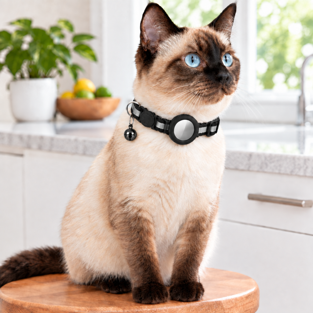 Siamese cat, black collar with metallic black bell