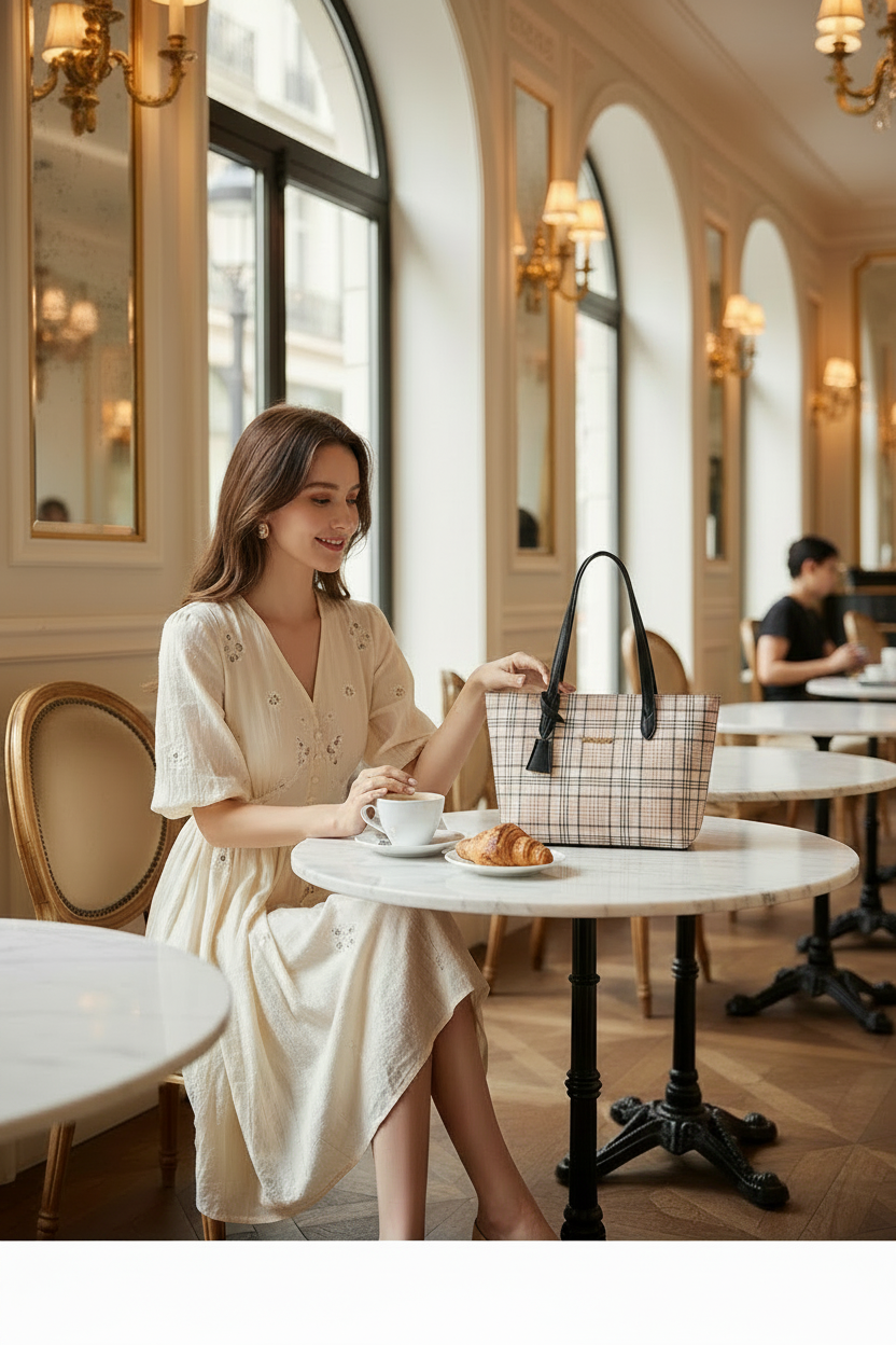 Single Plaid Tote Bag - Smaller Size - Lady in Summer Dress - Fancy Cafe