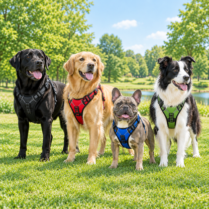 Square image of four dogs wearing colorful harnesses