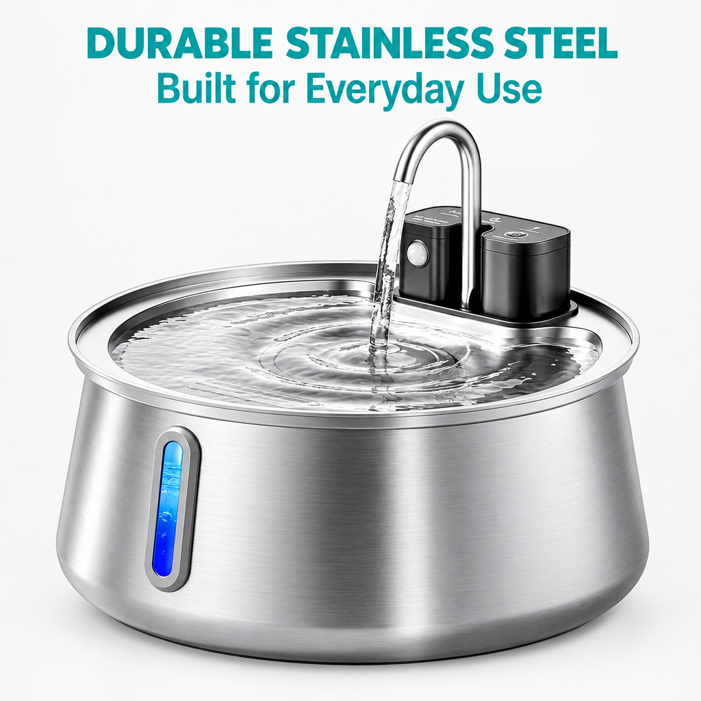 Stainless-steel fountain close-up with DURABLE STAINLESS STEEL and Built for Everyday Use overlay