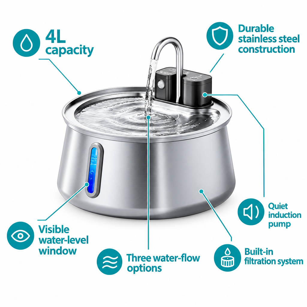 Stainless steel pet water fountain with six aqua feature labels