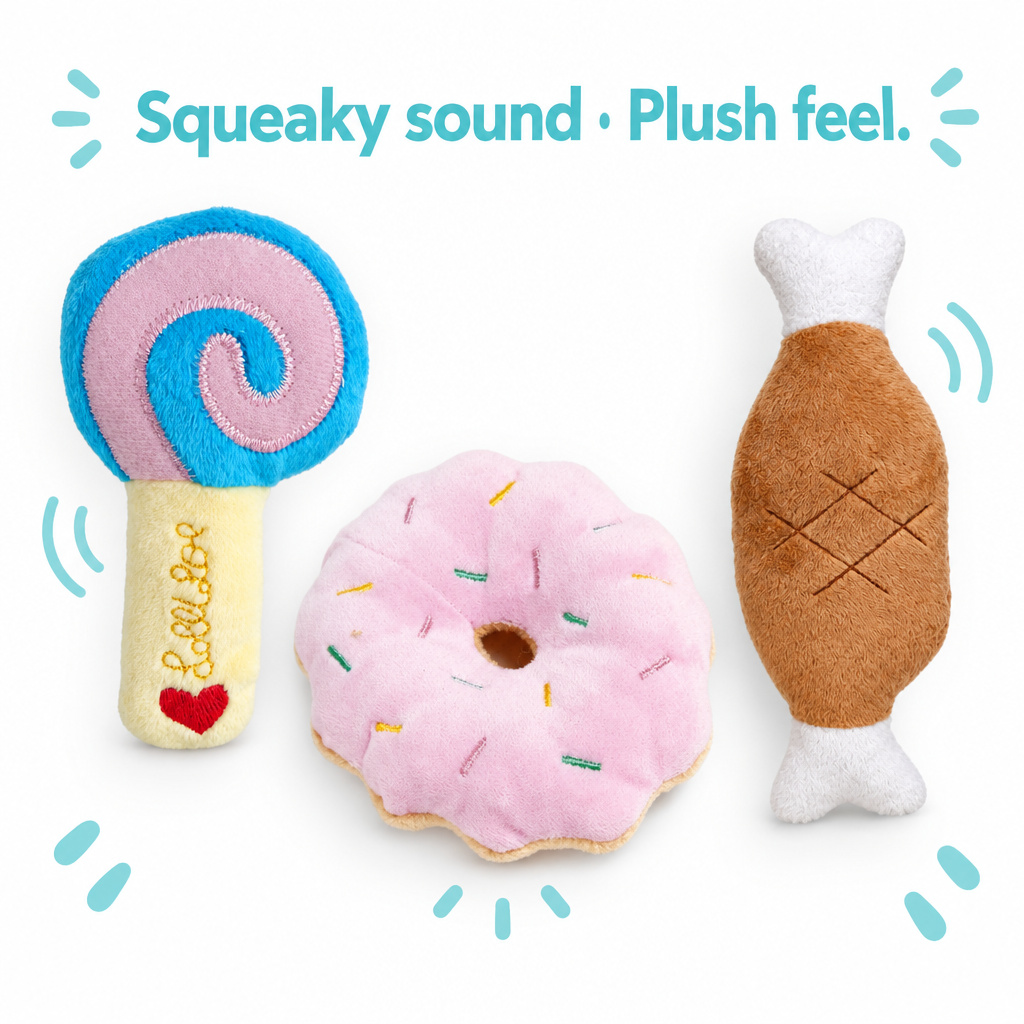 Three plush toys with aqua Squeaky sound and Plush feel text
