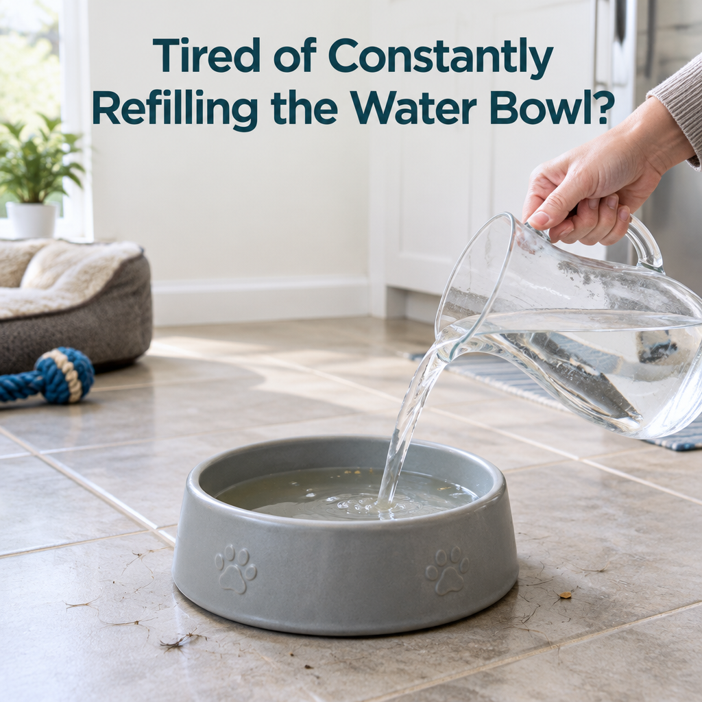 Traditional pet water bowl being refilled with the headline Tired of Constantly Refilling the Water Bowl?