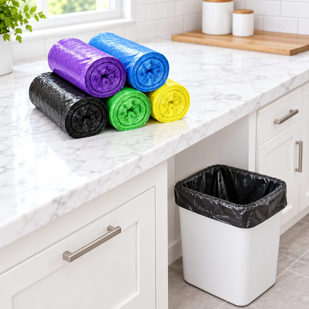 Trash bag rolls on counter with bin on the floor