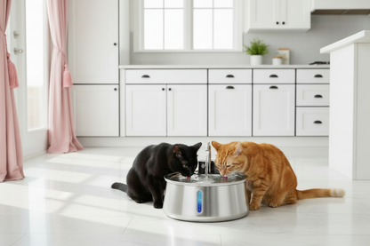 Two cats drinking from pet fountain in luxury kitchen with pink curtains and marble floor