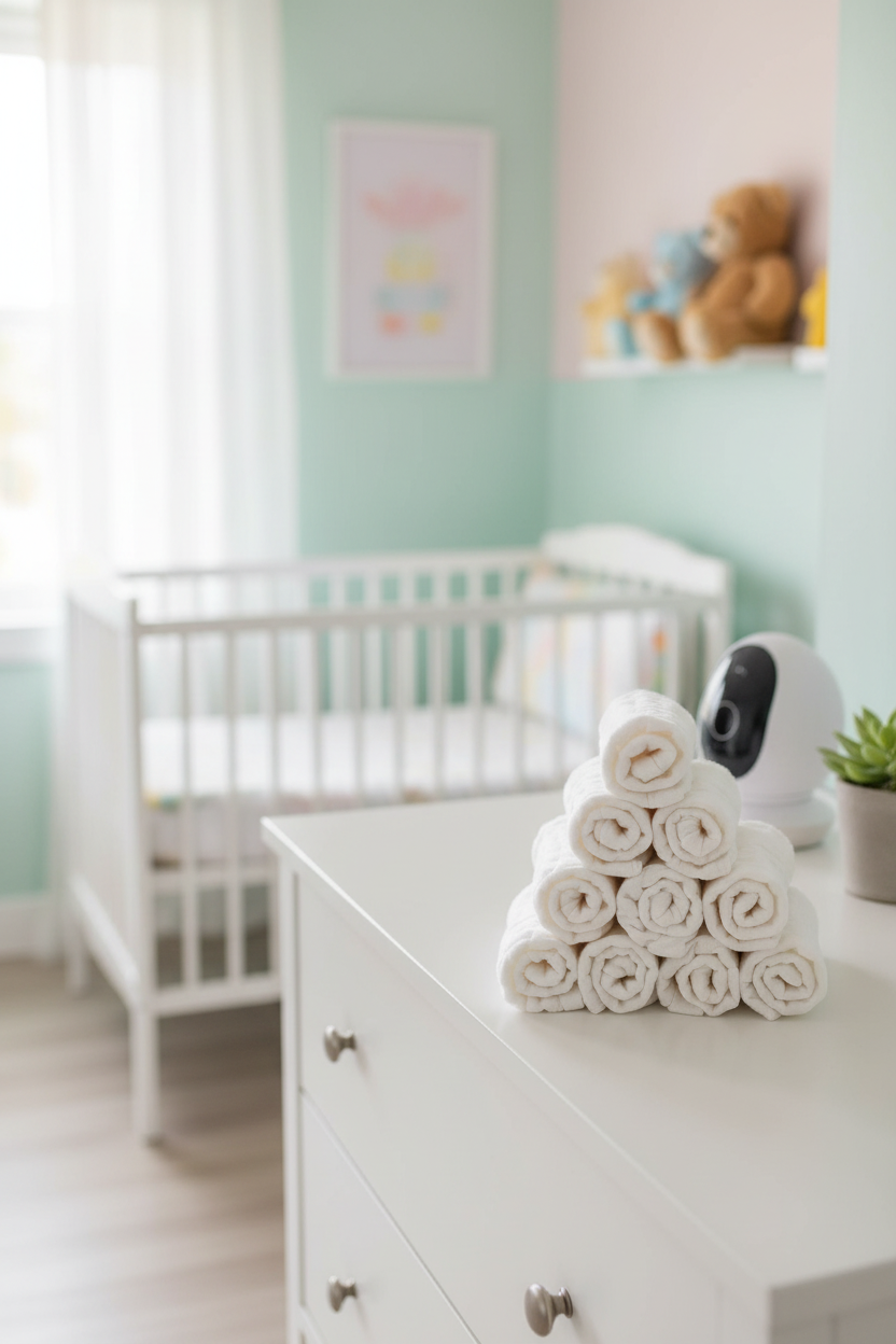 White baby muslin washcloths on dresser in nursery