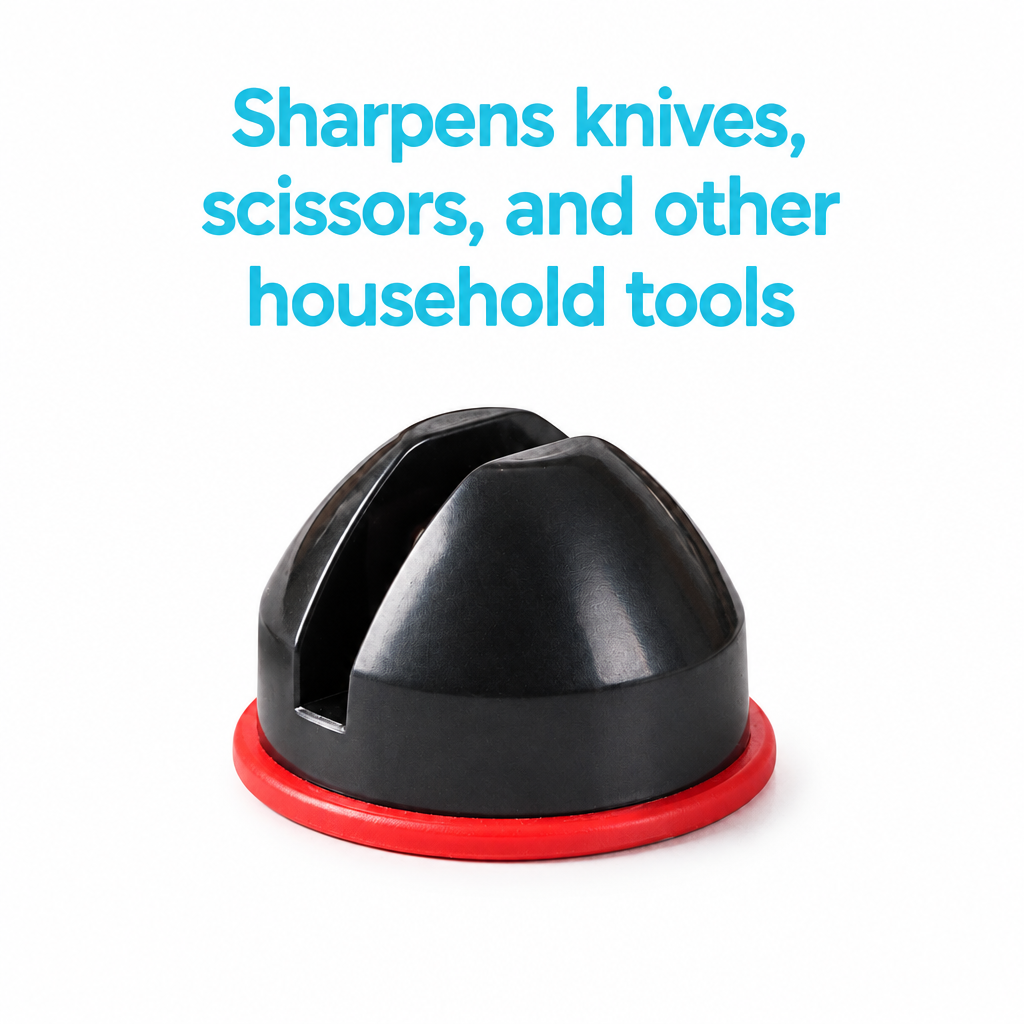 White-background sharpener image with aqua text at the top