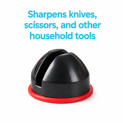 White-background sharpener image with aqua text at the top