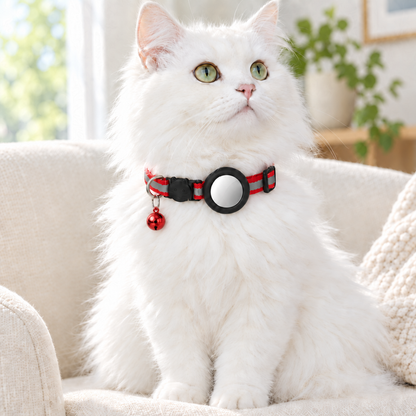 White cat, red collar with metallic red bell