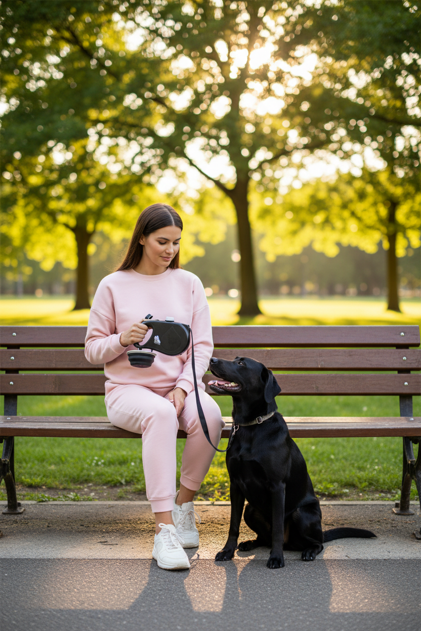Woman in pastel pink tracksuit holding black dog leash product in park