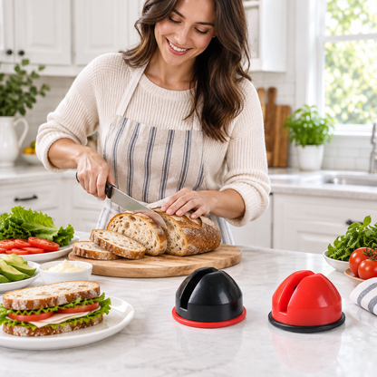 Woman slicing bread with both knife sharpener variants nearby