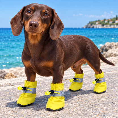 Yellow boots on a dachshund beside the sea