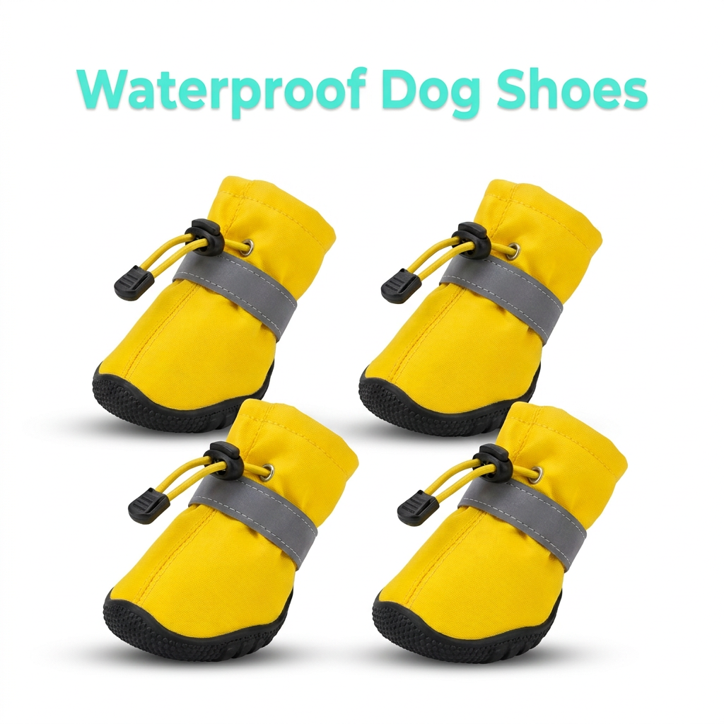 Yellow dog shoes with aqua headline on a white background