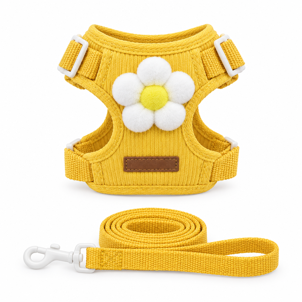 Yellow flower dog harness and matching leash on a white background