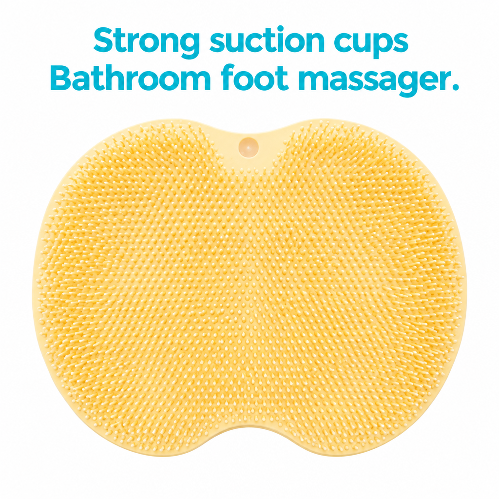 Yellow foot massage mat with aqua “Strong suction cups” and “Bathroom foot massager” text