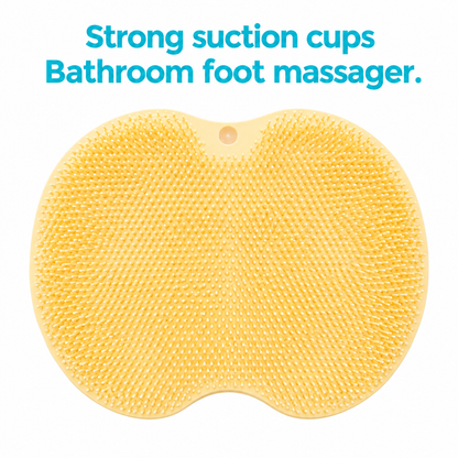 Yellow foot massage mat with aqua “Strong suction cups” and “Bathroom foot massager” text