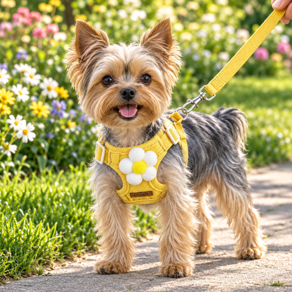 Yorkshire terrier wearing the yellow flower harness and leash